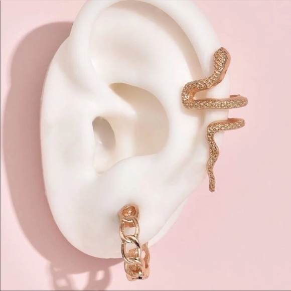 3 PIECE CHAIN LINK HOOP EARRINGS WITH SNAKE CUFF - Picture 4 of 5